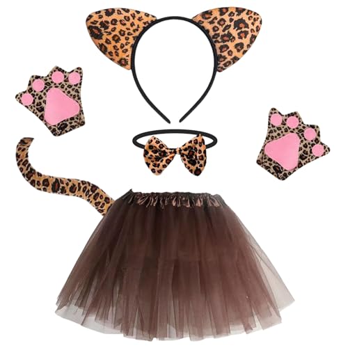IOHJSA 5 Pièces Ensemble de Costumes Léopard, Léopard Serre-tête Queue Gants Noeud Papillon Cravates Jupes Set, Déguisement Animaux Enfant, pour Carnaval...