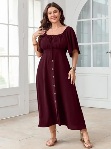 Plus Size Summer Dress Short Sleeve Square Neck Tie Front Smocked Button Down Flowy A-line Boho Maxi Long Dresses4