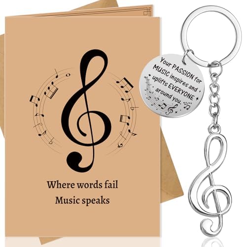 Konsait Music Note Keychain and Card, Where Words Fail Music Speaks Inspirational Note Keychain Card for Musician Gifts Music Party Favors Key Ring for Teacher Student