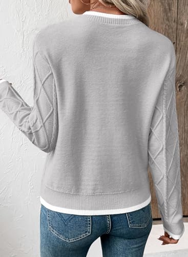 EVALESS Womens Sweaters Long Sleeve Crewneck Color Block Pullover Tops 2025 Fall Trendy Cable Knit Sweater4