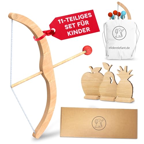 Eli® Pfeil und Bogen Kinder mit 6 Pfeilen aus Filz - 3 Zielscheiben inkl. Baumwollrucksack - Bogenschießen Kinder für Indoor und Outdoor - Spielzeug ab 3 Jahre - Holzspielzeug