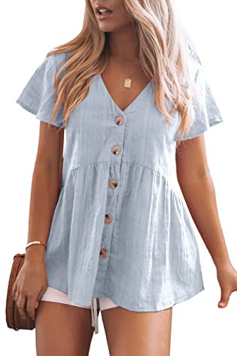 Jaygate Womens Short Sleeve Button Down Shirt V Neck Blouse Casual Loose Ruffle Hem Babydoll Peplum Tops Light Blue #TOP5