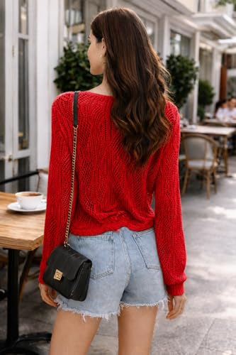 Image of CRAMPLE Women's V-Neck Knit Top, Long Sleeve, Drawstring Ruched Front, Lightweight Open Knit Top