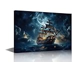 1 Pieces Vintage Pirate Ship Canvas Wall Art Pirate Ghost Ship Wall Painting Artwork Pictures Pirate Ship Nautical Home Decorations for Living Room and Bathroom Framed Ready to Hang (16''Wx24''H)