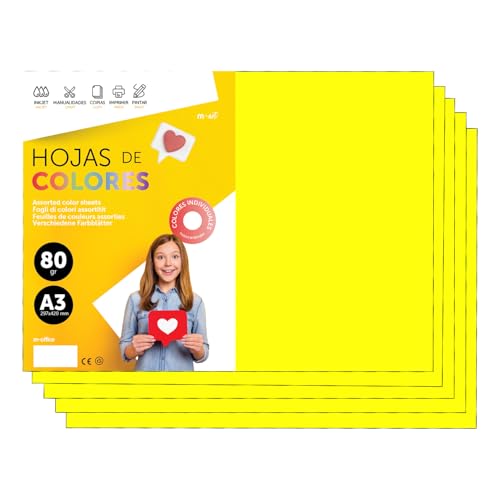 Papier A3 Couleur - Feuilles A3 80g Pour Imprimante Jet d'Encre et Laser, Ramette Papier Pour Loisirs Créatifs, Bricolage et Décoration M-office (100 feuilles, Jaune Fluo)