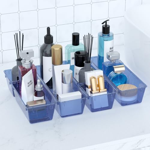 Image of WOWBOX 6 Pack Clear Drawer Organizer Set, Acrylic Drawer Storage Trays, Storage Bins for Makeup, Cosmetics, Jewelries, Utensils, Gadgets, Office, Dark Blue