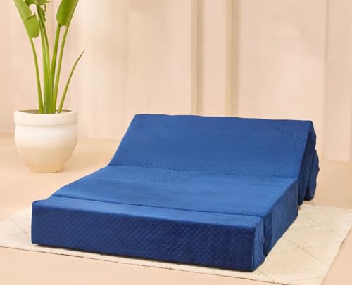 Image of uberlyfe Xtra High, Xtra Soft 2 Seater (4' x 6') Sofa Cum Bed | 1 Year Warranty | 17 inch Sofa Height | Twin Size Foldable Bed | Plush Laser Quilted Fabric | Deep Blue Color