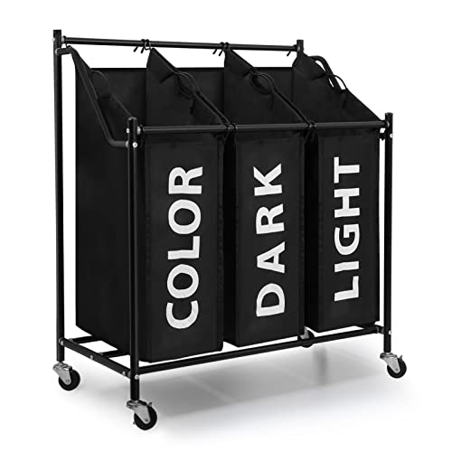 Mondeer Wäschesortierer 3 Fäscher, Wäschekorb, Wäschesammler mit 3 abnehmbaren Stofftaschen, Wäschebehälter auf Rollen, Wäschebox, 3 * 35 Liter, Schwarz