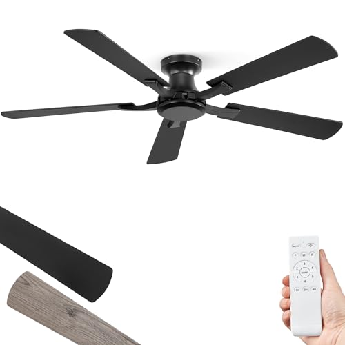 ZMISHIBO 52 Inch Ceiling Fan No Light, Flush Mount Low Profile, Modern Black Ceiling Fan Without Light, Remote Control & Quiet DC Motor, for Indoor&Outdoor, Bedroom, Living Room