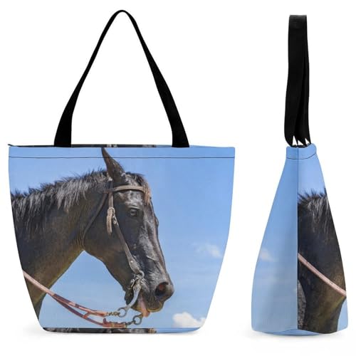 Sac à bandoulière pour femme Cheval Noir grand sac à main de voyage cabas