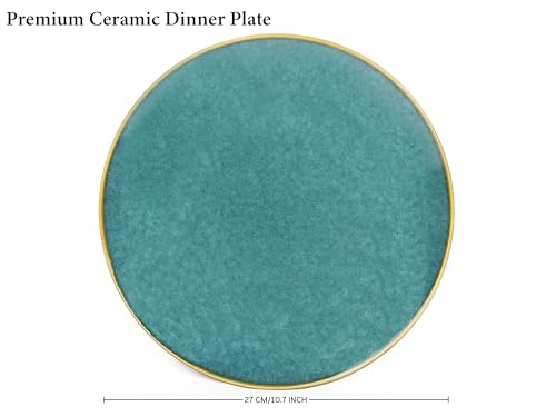 Image of Bodhi House Ceramic Dinner Set, 14 Pieces, Handmade Reactive Glaze Dinnerware, Stoneware Dining Sets Serving for 6, Microwave, Dishwasher Safe, Glossy Finish Crockery Set for Gifting, Ocean Green