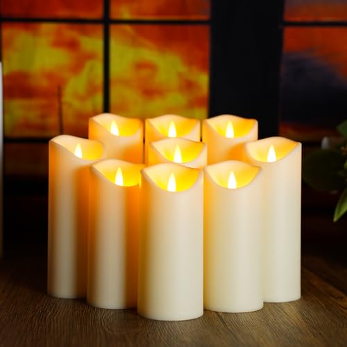 Image of kakoya Flickering Flameless Candles, Battery Operated Acrylic LED Pillar Candles with Remote Control and Timer,Set of 9 (Ivory)