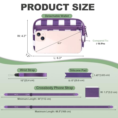 Image of YFWE Clip and Go Strap for Phone with Wallet Crossbody, Adjustable Phone Lanyard with Detachable RFID Wristlet Wallet, Phone Strap with Phone Tabs for All Phones, Purple Checkered (M)