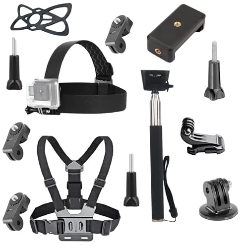 Kit d'accessoires universels 4 en 1 pour caméra d'action avec sangle de tête, harnais de poitrine, perche à selfie, support de téléphone compatible avec Gopro Hero 12 11 10 9 8/Insta360 One