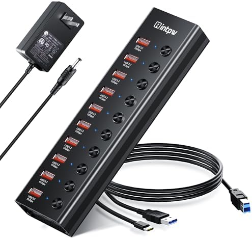 Powered USB 3.2 Hub, Intpw 10 Port USB Adapter with 10Gbps High-Speed Data Transfer, USB Splitter with Individual On/Off LED Switches for Laptop, PC, Flash Drive, Printer, Camera, Mouse, Keyboard…