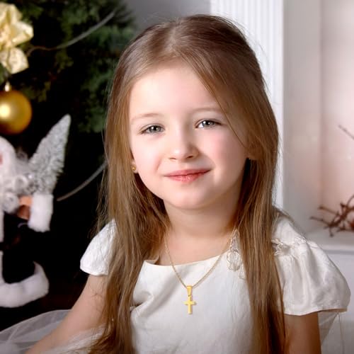Kreuz Kette Geschenke für Sohn Tochter Halskette - Kinder Kreuzanhänger aus Edelstahl Silber Gold Kreuzkette Geschenke für Teenager Weihnachten Geburtstagsgeschenk für Jungen Mädchen (Mädchen-Gold)