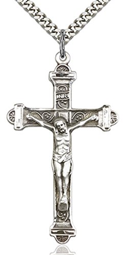 Heartland Store Men's Crucifix Pendant Antique Sterling Silver Necklace Accents Cross Bar Edges + 24 Inch Rhodium Plated Chain & Clasp