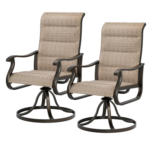 UDPATIO Patio Swivel Chairs Set of 2, Outdoor Dining Chairs High Back with Padded All Weather Breathable Textilene, Metal Rocking Frame for Backyard Lawn Garden, Brown