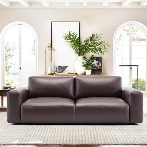COLAMY 95" Oversized PU Leather Sofa, Comfy Sofa Couch with Extra Deep Seats, Wide Arm, Down Filled 3-Seater Modern Sofa for Living Room, Apartment Lounge-Chocolate