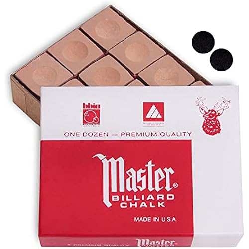 Master Billiard Pool Cue Chalk Premium Quality - 1 Dozen - Made in The USA + 2 pcs of Quality Billiard Pool Table Spots by Tweeten Fibre Co.