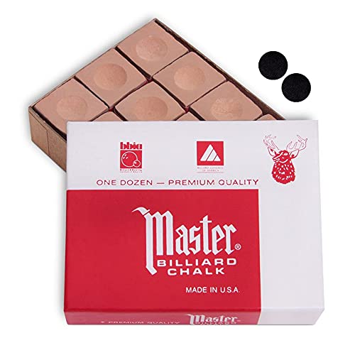 Master Chalk Master Billiard Pool Cue Chalk Premium Quality - 1 Dozen - Made in The USA + 2 pcs of Quality Billiard Pool Table Spots (Gold)