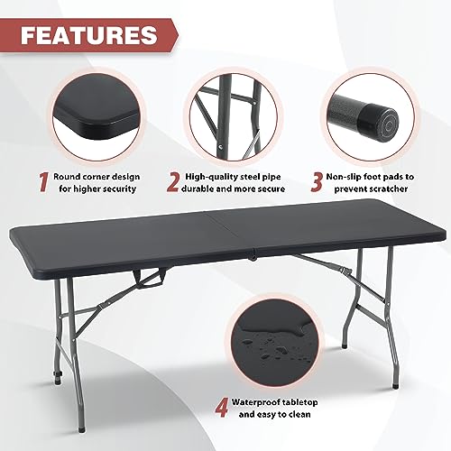 Image of FDW Folding Half Portable Foldable Table for Parties Backyard Events (White, 6 FT 70 * 29) (Black, 6 FT)
