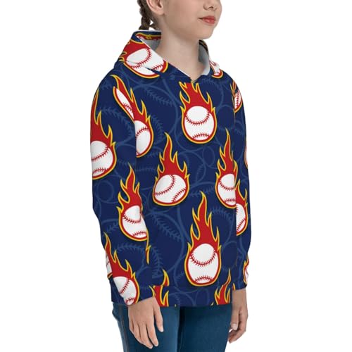 Baseball Ball and Flames Kids Pullover Hoodies Boys Sweatshirts Girls Athletic Clothes with Pocket3
