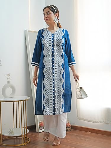 Image of EthnicJunction Women's Cotton Rayon Regular Fit Chikankari Embroidery Stright Kurta