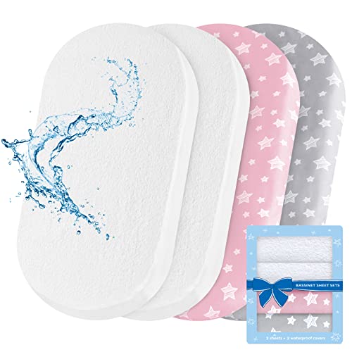 Image of Bassinet Sheets & Waterproof Bassinet Mattress Pad Protector 4 Pack Set, Universal Fit for Oval, Hourglass and Rectangular Mattress, Grey & Pink