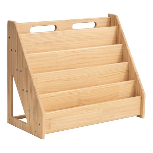 Image of 5 Tier Pine Wood Bookshelf Book Holder Wooden Kid's Book Rack Natural for Kids Room Study Room Play Room Books Magazines Storage Organizer