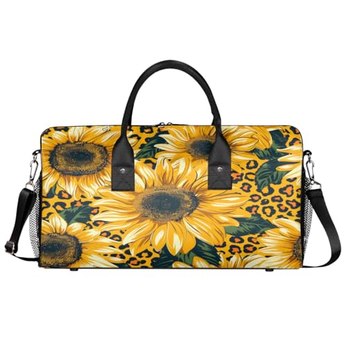 Sunflower Travel Duffle Bag for Women Men Foldable Waterproof Weekender Bag Carry on Tote for Overnight Sports Gym Floral Leopard Print