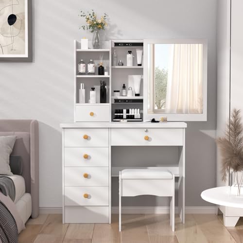 Coiffeuse avec Miroir et Tabouret, Table de Maquillage Moderne Blanche avec 6 Tiroirs, Étagères Ouvertes et Rangement Caché, Bureau Coiffeuse pour Chambre, Meuble de Maquillage Fille