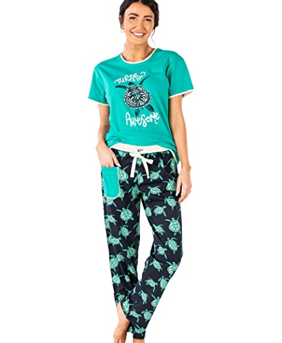 Lazy One Women's Pajama Set, Short Sleeves With Cute Prints, Relaxed Fit, Turtles, Ocean, Seaside, Animal (Turtley Awesome, Large) #TOP27