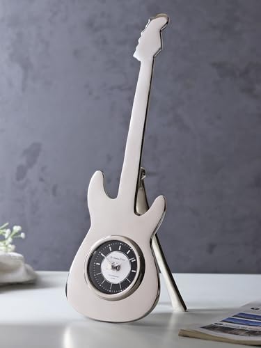 Image of Decor de Maison Handcrafted Encore Analog Table Clock for Kids Room, Living Room, Bedroom, Study Table, Office Desk | Classic Non-Ticking Tabletop Battery Operated Desk Clock in Silver (14x5x42cm)