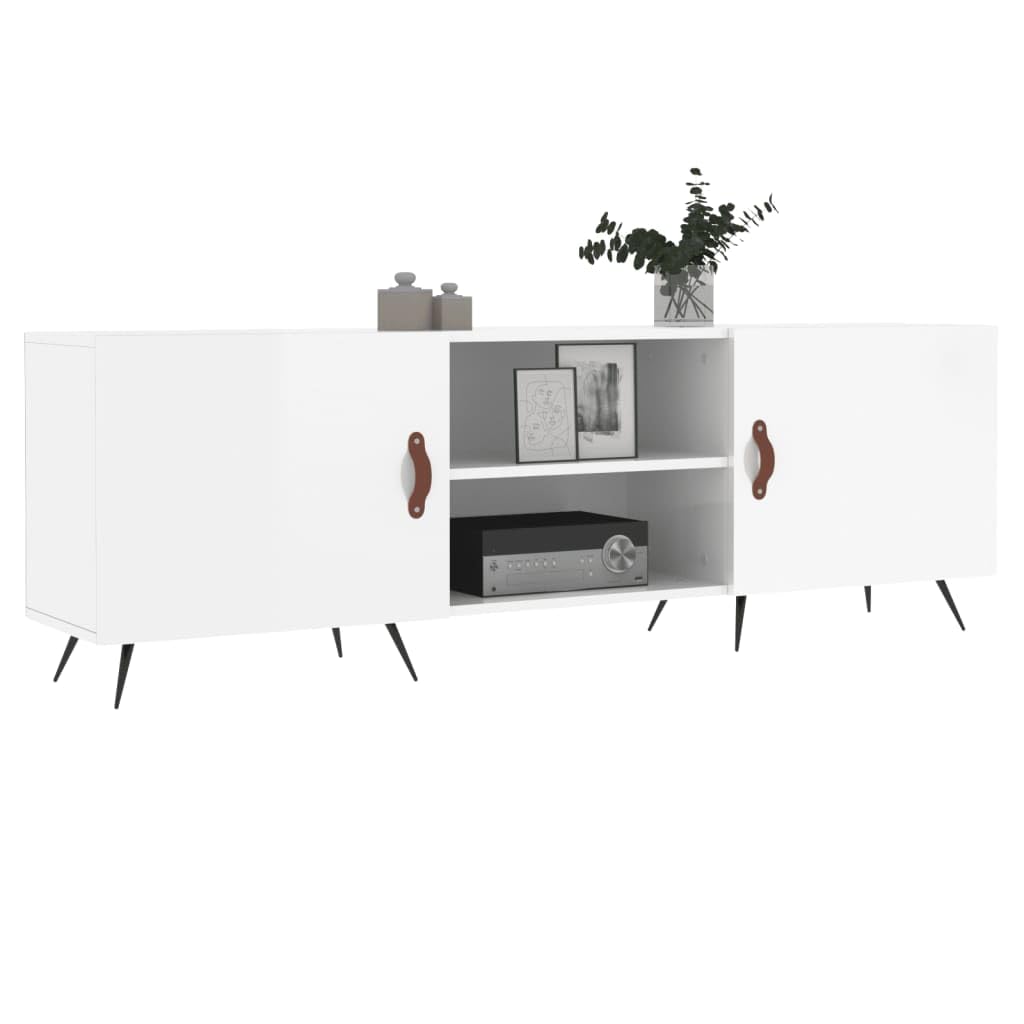 Szafka pod telewizor, wysoki połysk, biała, 150 x 30 x 50 cm, materiał drewnopochodny z 4 półkami i żelaznymi nogami – szklany stolik pod telewizor do przechowywania i stabilnej prezentacji