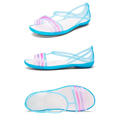 WENOREG Women's Colorful Neon Jelly Open Toe Sandals,Summer Fashion T-Strap Rainbow Gladiator Clear Beach Rain Shoes Flats Jellies Sandals4