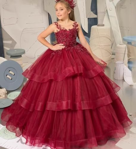 Girls Flower Girl Dress for Wedding Tiered Princess Pageant Dresses Lace Applique Kids Birthday Party Prom Ball Gown2