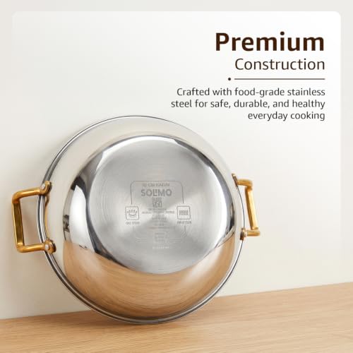 Image of Amazon Brand - Solimo Premium Triply Stainless Steel Kadhai 28cm (4.3L) | SS Lid | Even Heating | Gas & Induction Compatible | Dishwasher Safe | Food Safe SS 304 | Elegant Golden Handles | BIS Certified