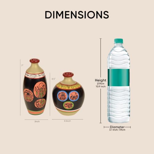 Image of Aakriti Art Creations Black Earthen Terracotta Vases Set of 2 with Madhubani Tattoo Art | Handmade Matte Finish Decorative Flower Vases for Living Room Table Decor & Home Gifting
