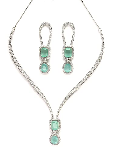 Image of Karatcart Elegant Silver Plated Blue American Diamond Necklace Set for Women