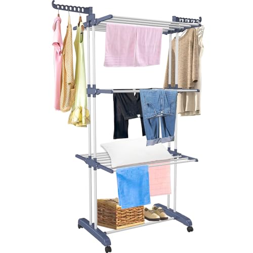 RAM ONLINE Ram® 4 TIER Airer Clothes Drying Rack,4 Tier Foldable Clothes Hanger Adjustable Large Stainless Steel Garment Laundry Racks for Indoor Outdoor Clothes Drying Rack