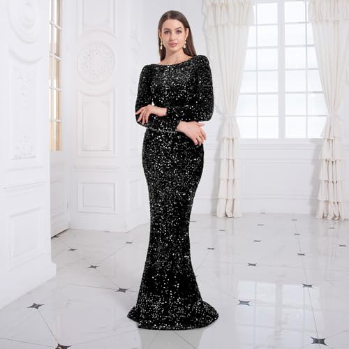 Image of Velvet Sequin Formal Evening Party Dress Sweatheart Bodycon Long Sleeve Maxi Gown