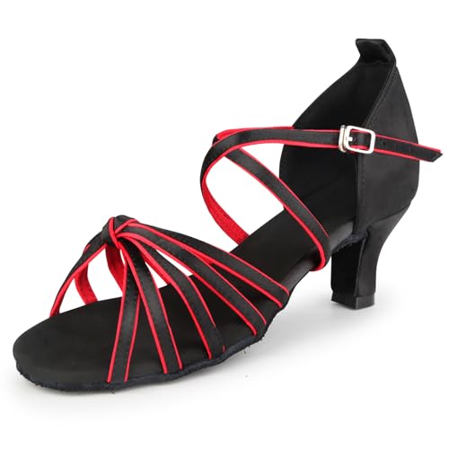 PADGENE Zapatos de Baile de Suela Suave de Satén para Mujer, Zapatos de Baile para Jazz/Latin/National Mark/Rumba/Cha Cha, M negro y rojo 5 cm, 38 EU