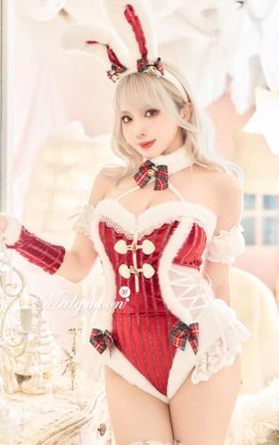 [Malymoon] コスプレ クリスマス サンタ バニーガール うさぎ ウサ耳 レッド シスル ハイレグ レース ふわふわ 衣装 仮装 マリームーン 8点セット CS25124 詳細画像5
