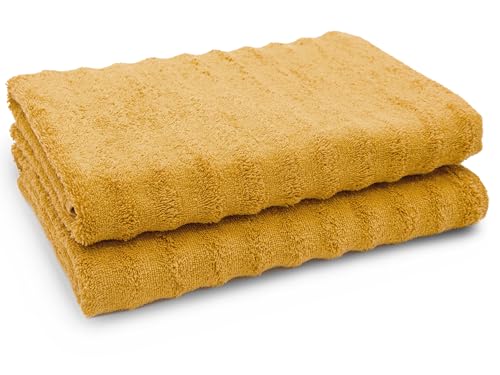ZOLLNER 2er-Set Duschtücher mit Webart, 100% Baumwolle, 70x140cm, Senfgelb