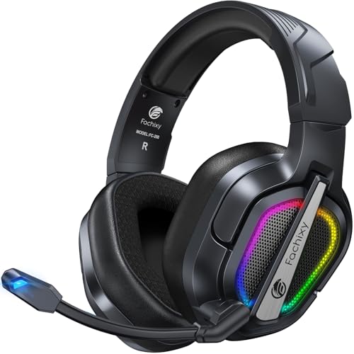 Fachixy Gaming Headset Wireless für PS4, PS5, PC, Mac, Laptop, Switch, 48H 2.4GHz Gaming Headset mit Noise Cancelling Mikrofon, Kabelloses Bluetooth kopfhörer mit LED-Lichtern, Surround Sound