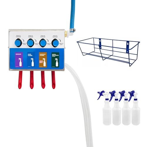 4-Products Spray Bottle, Chemical Proportioner with Wall Rack, Cleaning Chemical Dilution Dispensing Proportioner for Application in Hotel, School, Store, Restaurant, Hospital, 8134-4B-9002