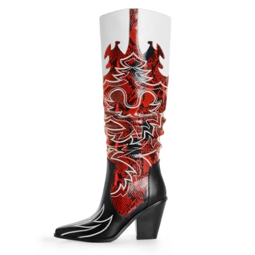 ANN CREEK Cowgirl Boots Side Zipper Womens Cowboy Boots Knee High Embroidery Woman Western Tall Pointed Toe Chunky Heel Two Tones Contrast Ladies Black Red US10