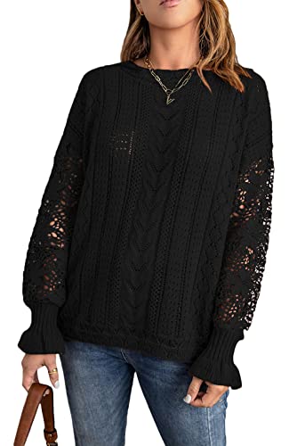 GXIN Femmes Dentelle Crochet À Manches Longues Col Ras du Cou Chandails Hiver Tricot Pull Pull Tops (as4, Alpha, m, Regular, Regular, Standard, Noir, M) Cover