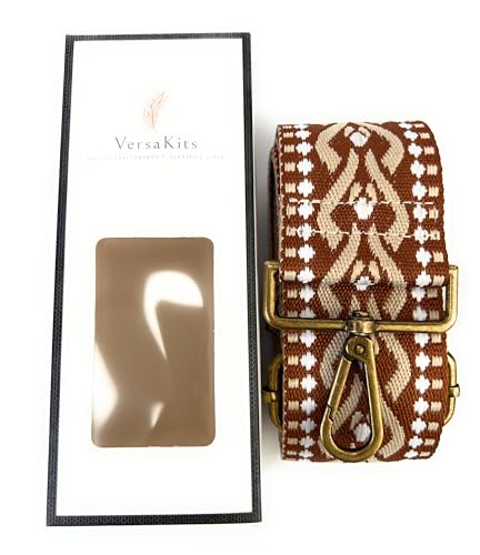Image of Cream Brown Geometric Jacquard Purse Strap with Bronze Hardware 2 Inch Wide Replacement Crossbody Guitar Style Adjustable Shoulder Strap for Handbags Totes